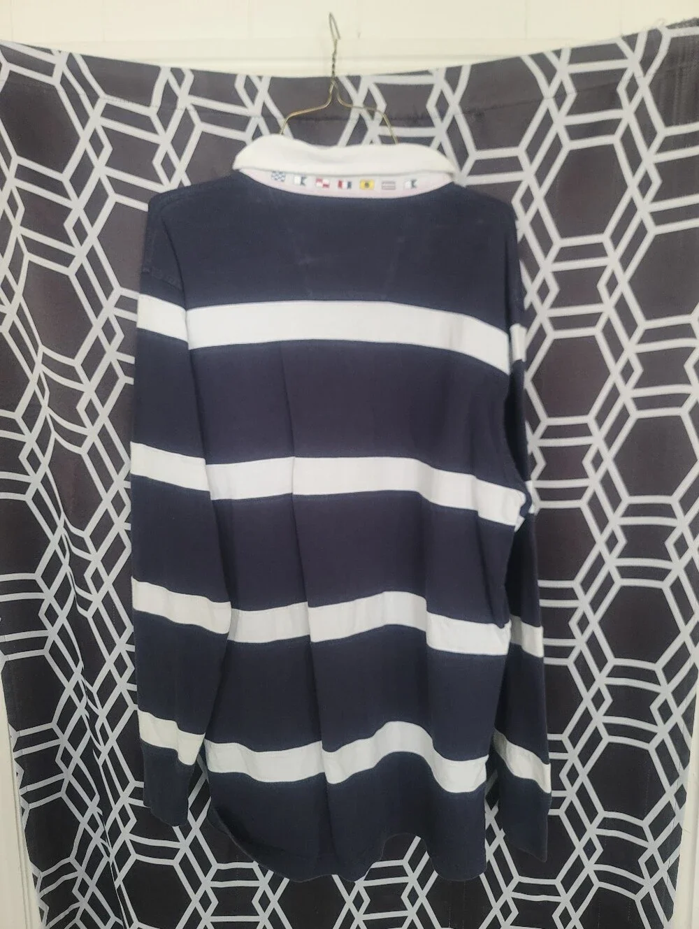 Nautica Men’s Navy and White Striped Zip-Up Rugby Pullover